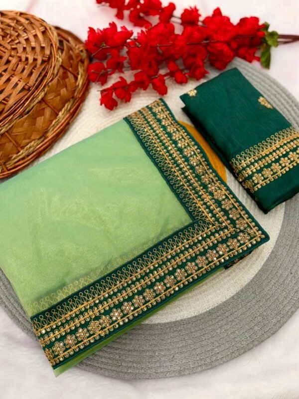 Green Twill Net Sequin Saree with Embroidery Work