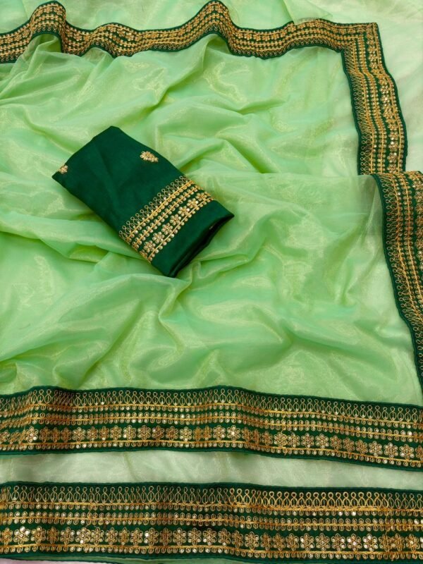 Green Twill Net Sequin Saree with Embroidery Work