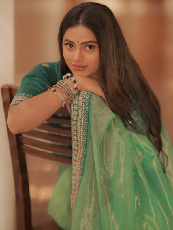 Green Twill Net Sequin Saree with Embroidery Work