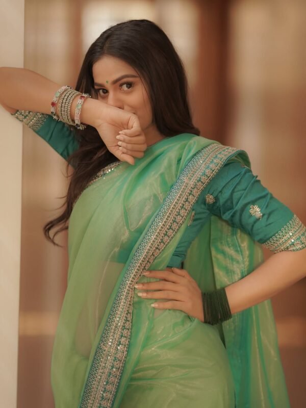 Green Twill Net Sequin Saree with Embroidery Work