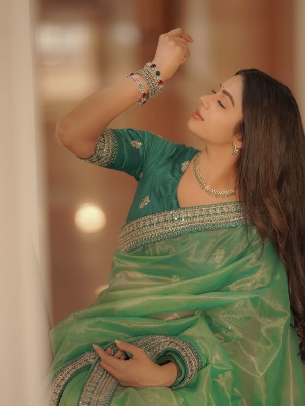 Green Twill Net Sequin Saree with Embroidery Work