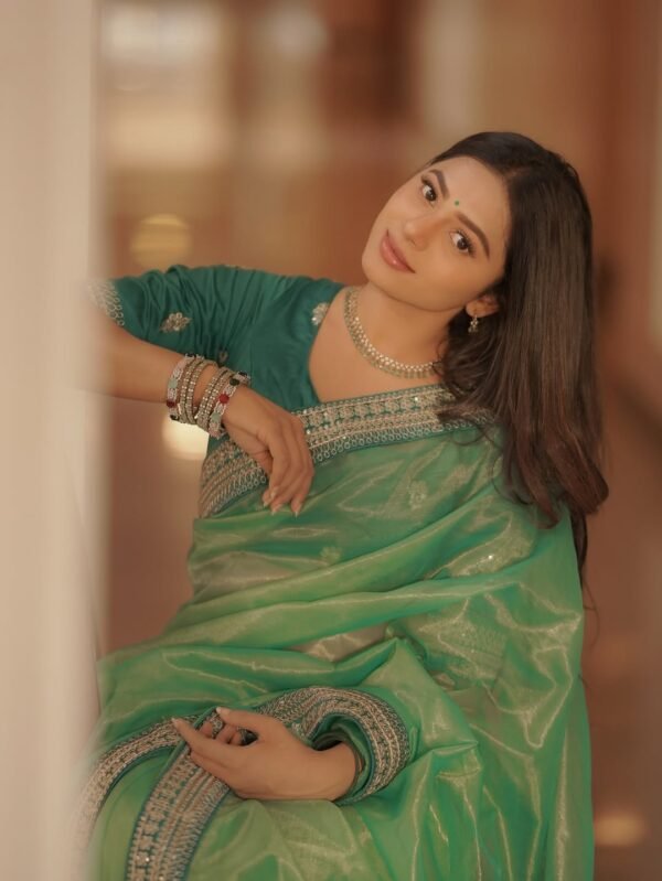 Green Twill Net Sequin Saree with Embroidery Work