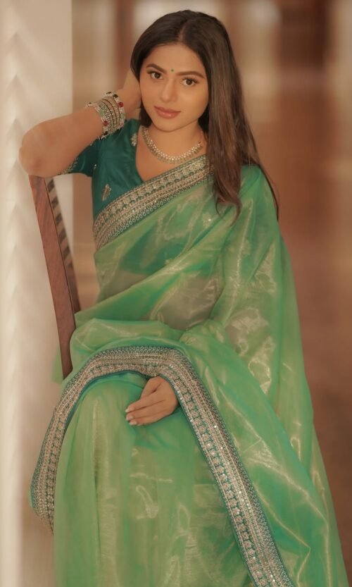 Green Twill Net Sequin Saree with Embroidery Work
