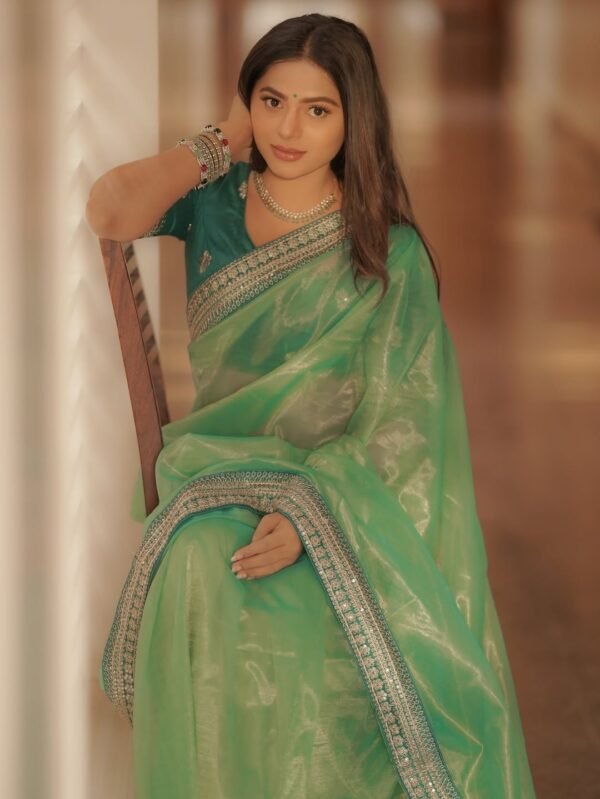 Green Twill Net Sequin Saree with Embroidery Work